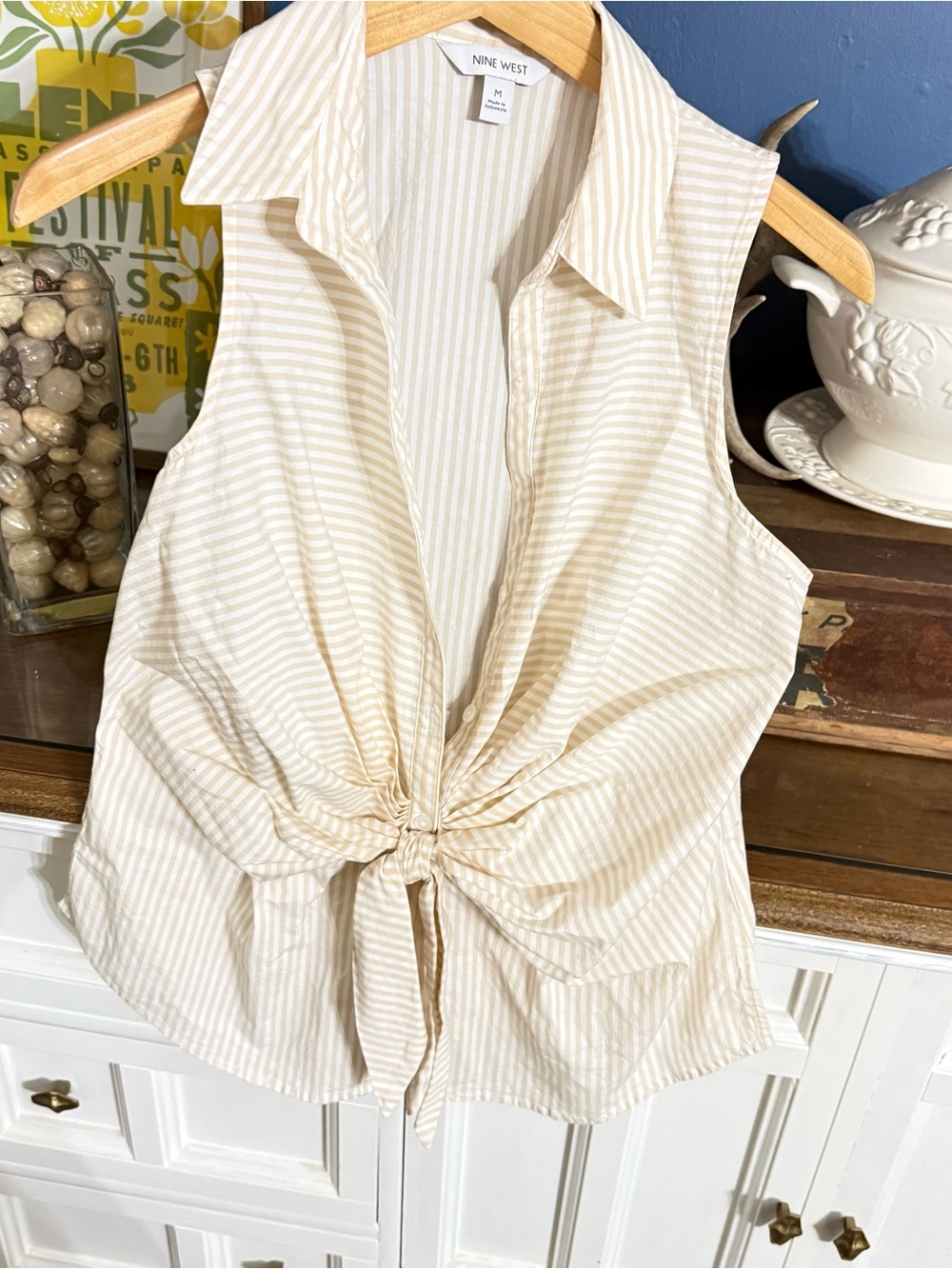 Nine West Cream and White Striped Tie-Front Sleeveless Shirt